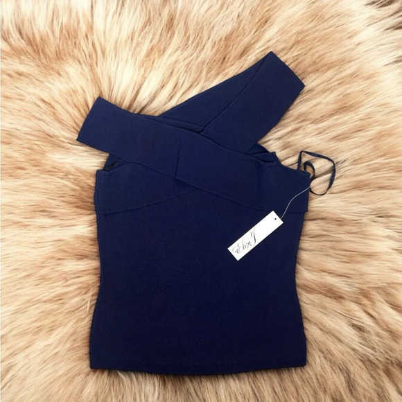 Eliza J Blue Stretch Jersey Knit Off The Shoulder Strappy Fitted Top - Picture 9 of 9